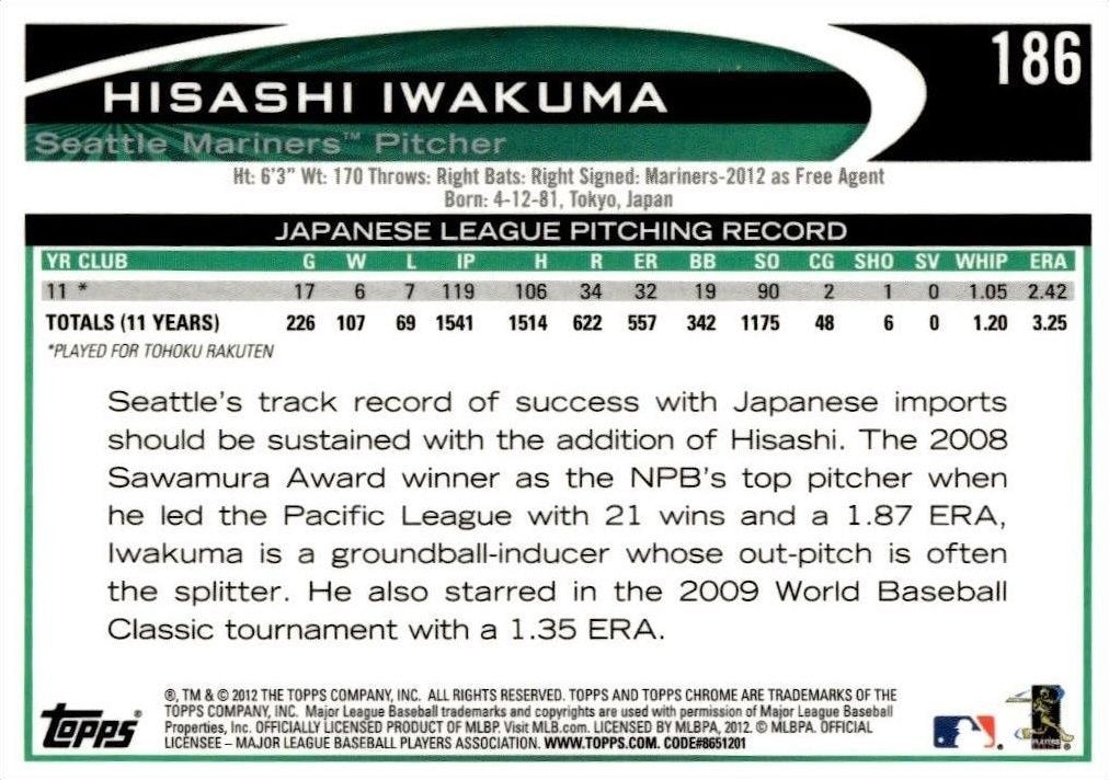 2012 Topps Chrome Hisashi Iwakuma #186 baseball trading card back