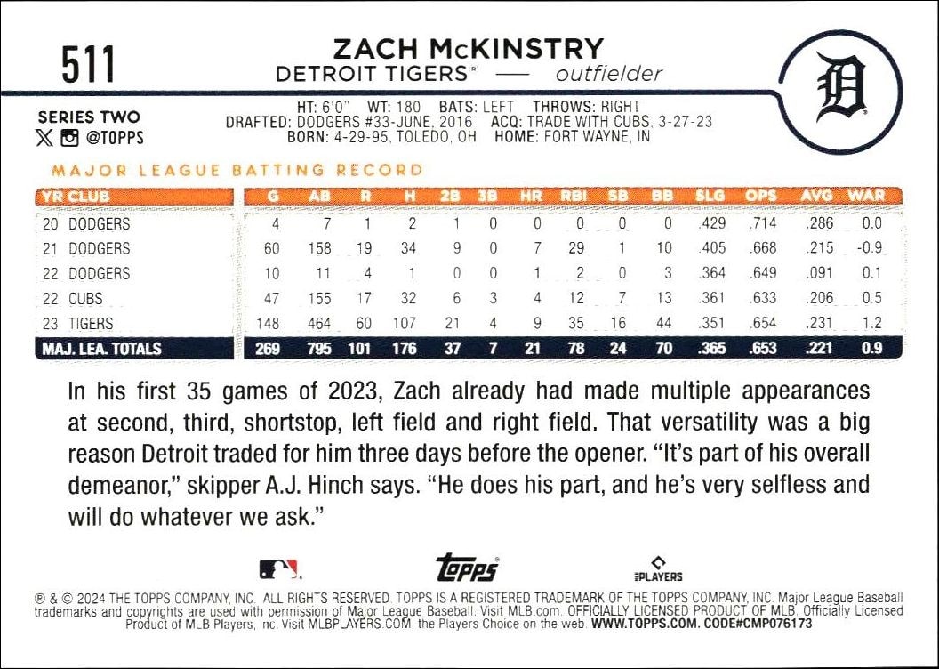 2024 Topps Series 2 Zach McKinstry #511 baseball trading card back