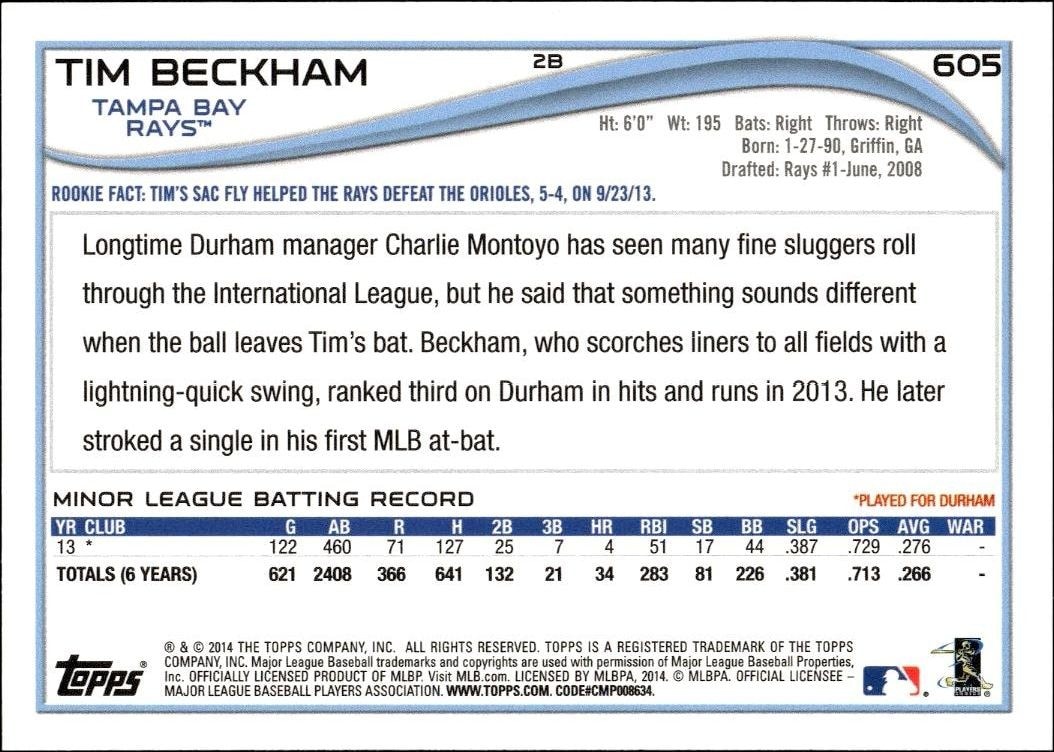2014 Topps Series 2 Tim Beckham #605 baseball trading card back