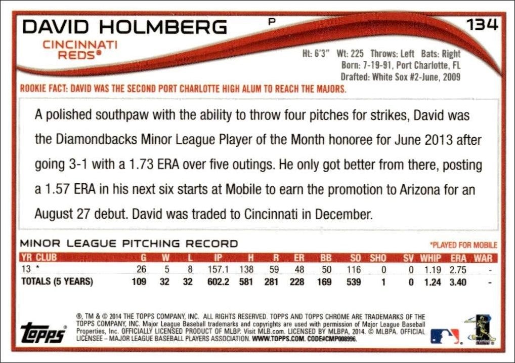 2014 Topps Chrome David Holmberg #134 baseball trading card back