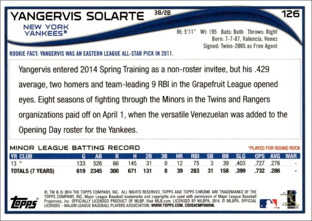 2014 Topps Chrome Yangervis Solarte #126 baseball trading card back