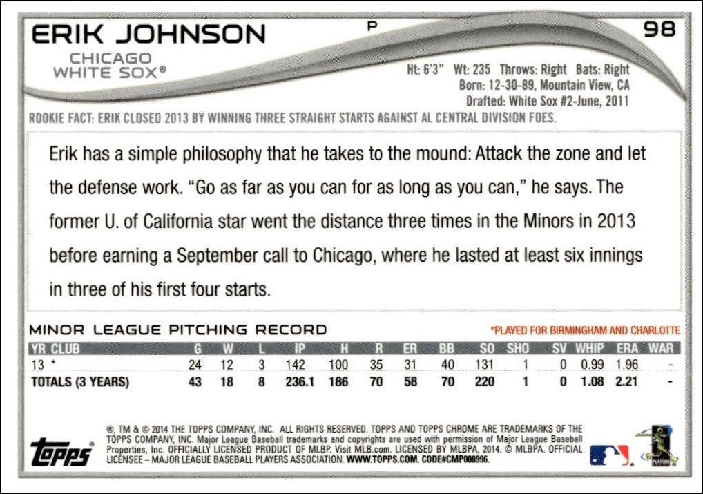 2014 Topps Chrome Erik Johnson #98 baseball trading card back