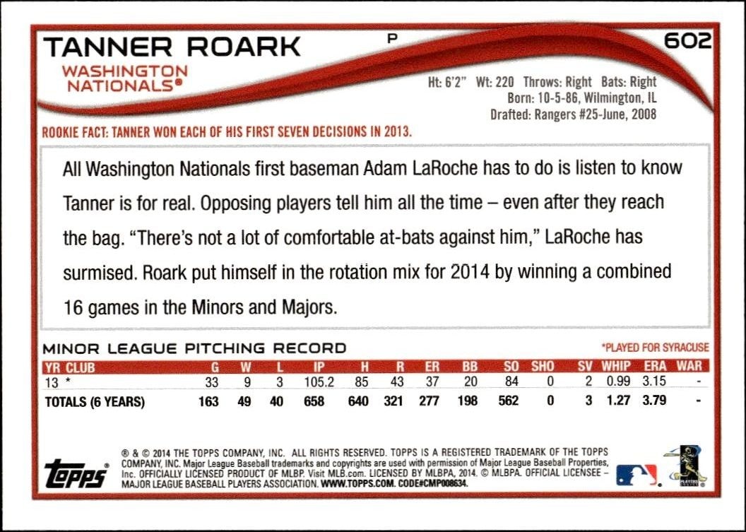 2014 Topps Series 2 Tanner Roark #602 baseball trading card back