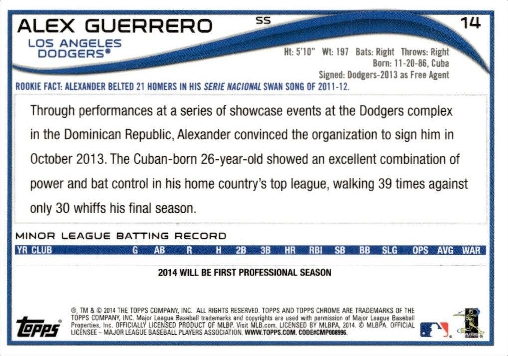 2014 Topps Chrome Alex Guerrero #14 baseball trading card back