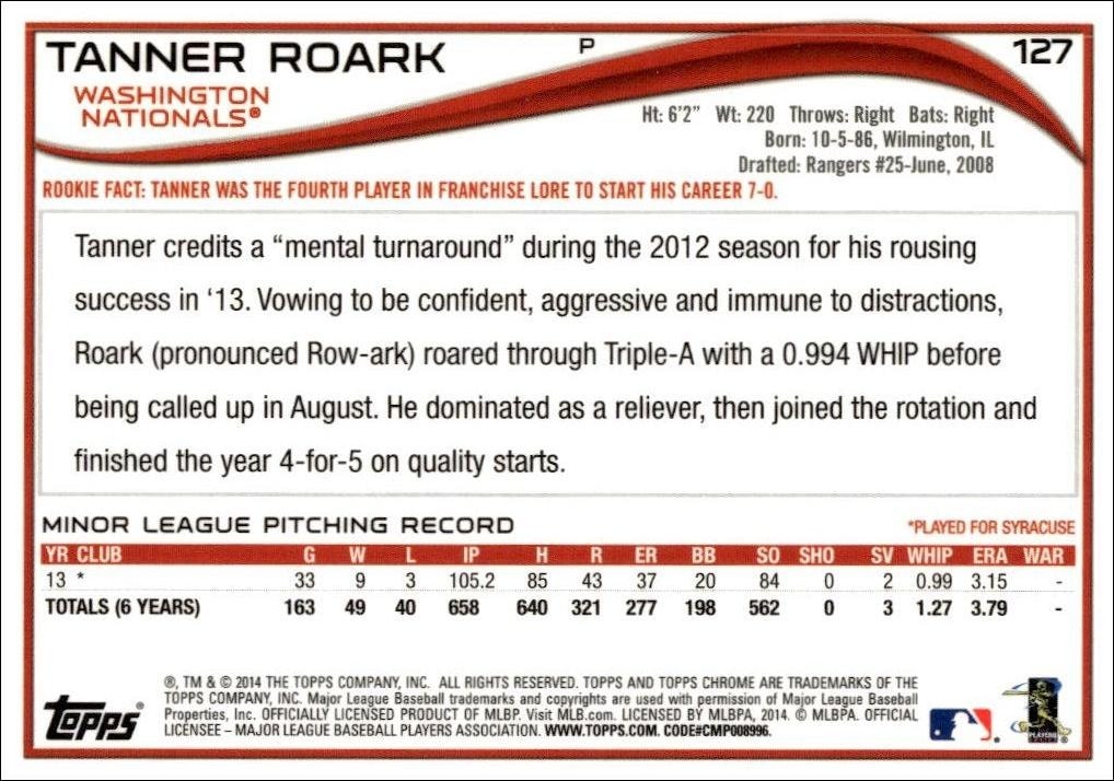 2014 Topps Chrome Tanner Roark #127 baseball trading card back