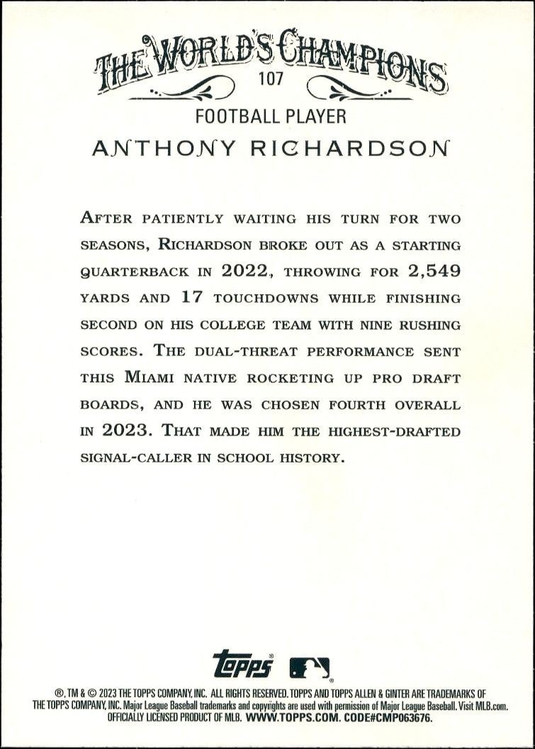 2023 Topps Allen & Ginter Anthony Richardson #107 baseball trading card back