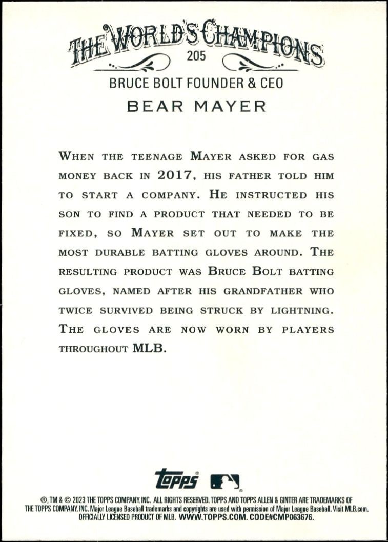 2023 Topps Allen & Ginter Bear Mayer #205 baseball trading card back