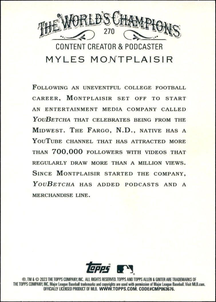 2023 Topps Allen & Ginter Myles Montplaisir #270 baseball trading card back