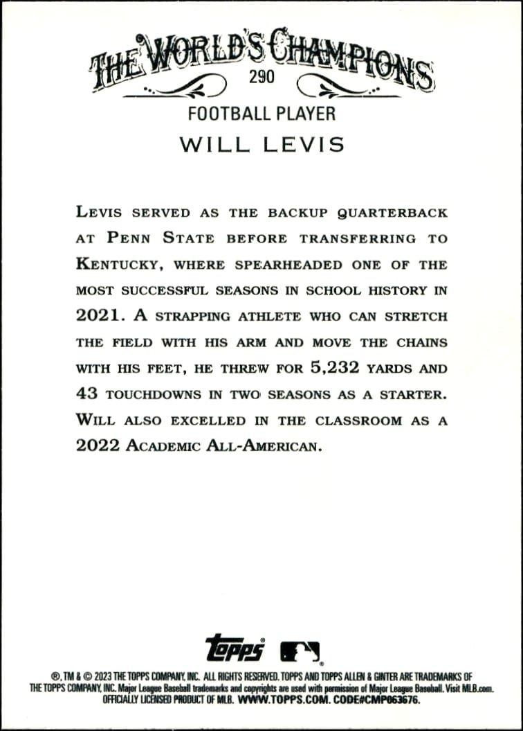 2023 Topps Allen & Ginter Will Levis #290 baseball trading card back