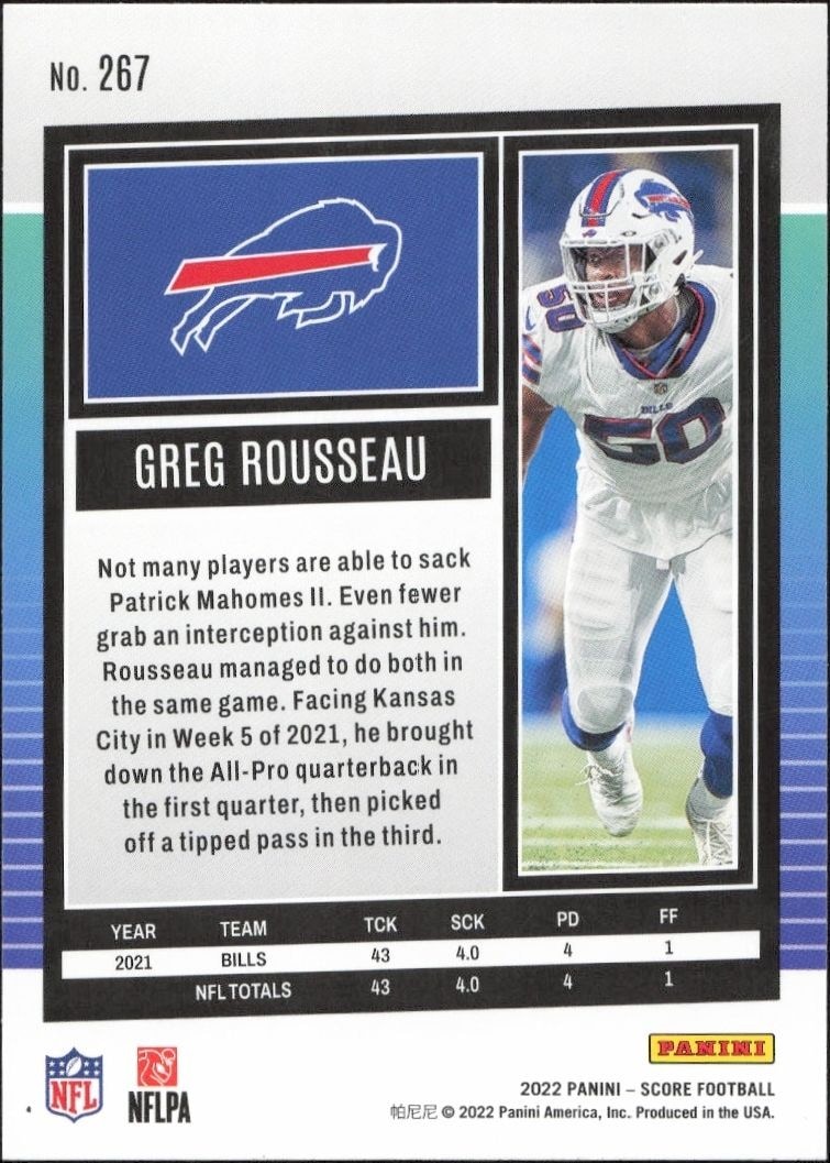 2022 Panini Score Greg Rousseau #267 football trading card back