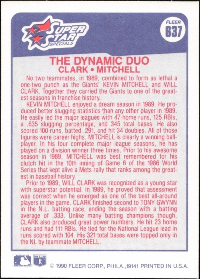 1990 Fleer Will Clark #637 baseball trading card back