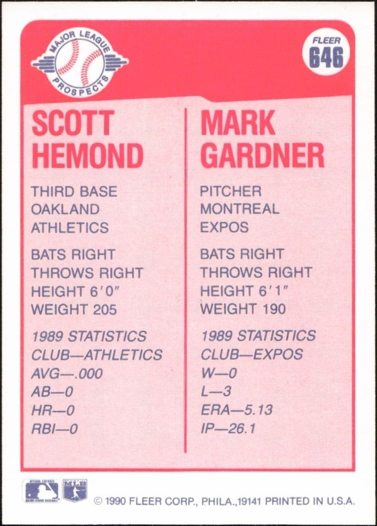 1990 Fleer Scott Hemond #646 baseball trading card back