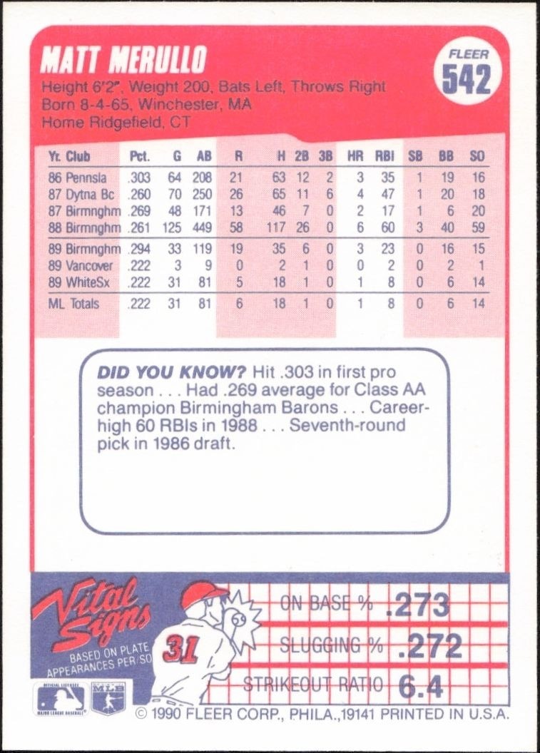 1990 Fleer Matt Merullo #542 baseball trading card back
