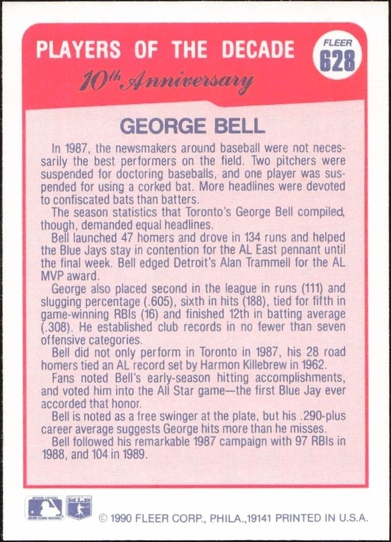 1990 Fleer George Bell #628 baseball trading card back