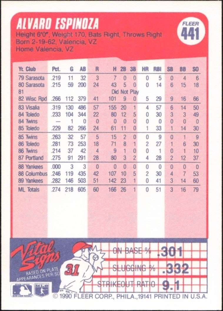 1990 Fleer Alvaro Espinoza #441 baseball trading card back