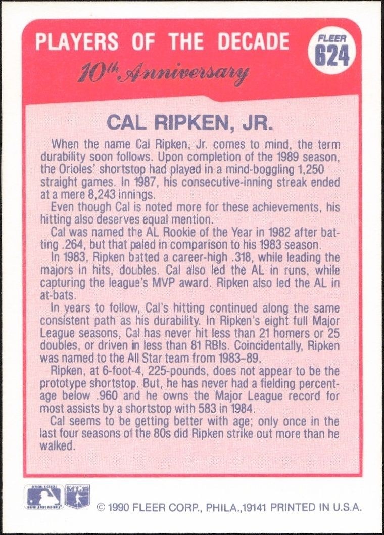 1990 Fleer Cal Ripken Jr. #624 baseball trading card back