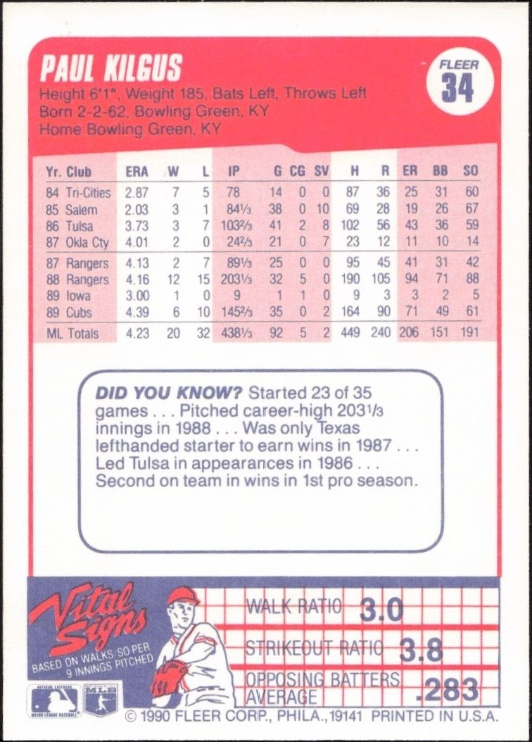 1990 Fleer Paul Kilgus #34 baseball trading card back