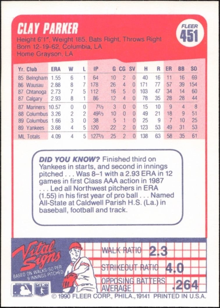1990 Fleer Clay Parker #451 baseball trading card back