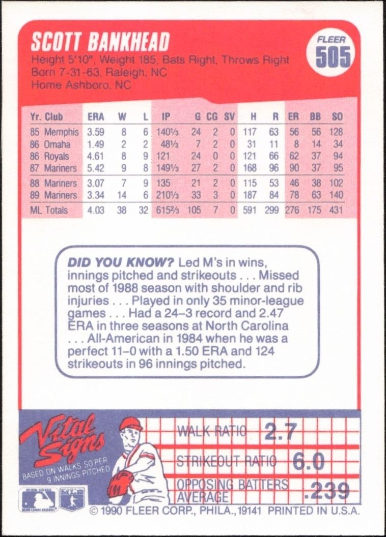 1990 Fleer Scott Bankhead #505 baseball trading card back