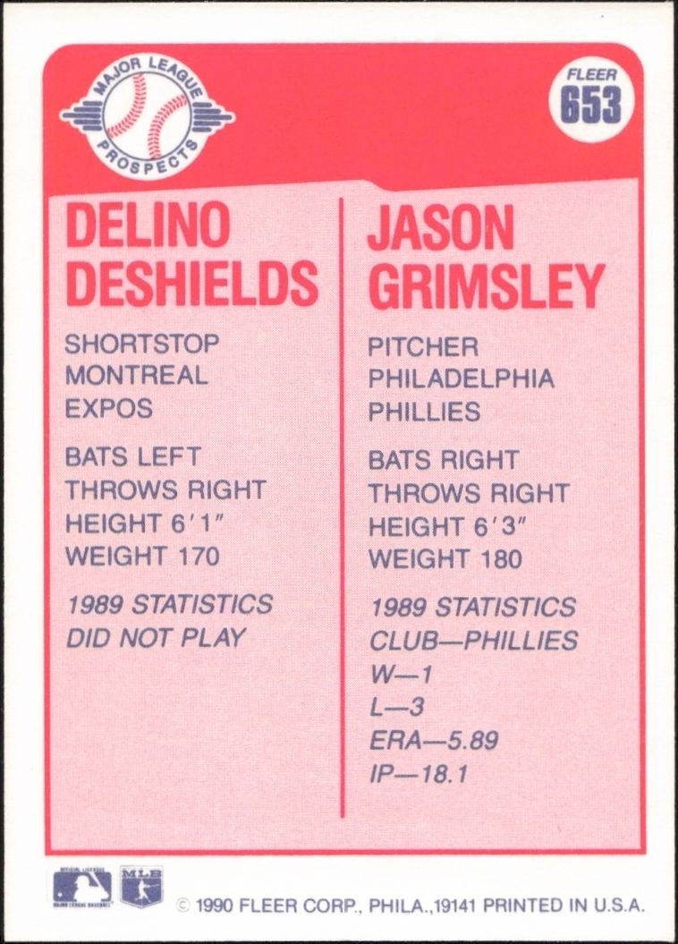 1990 Fleer Delino DeShields #653 baseball trading card back