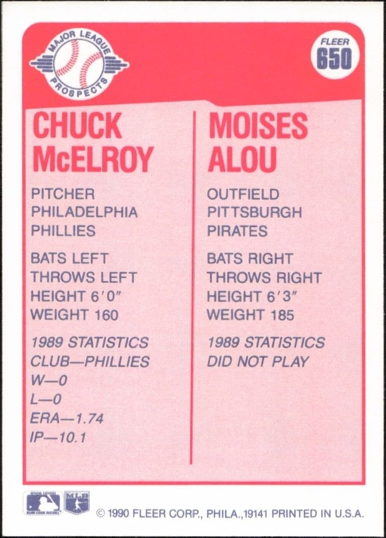 1990 Fleer Chuck McElroy #650 baseball trading card back