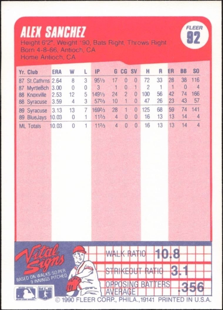 1990 Fleer Alex Sanchez #92 baseball trading card back