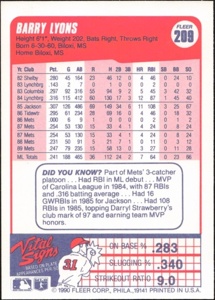1990 Fleer Barry Lyons #209 baseball trading card back