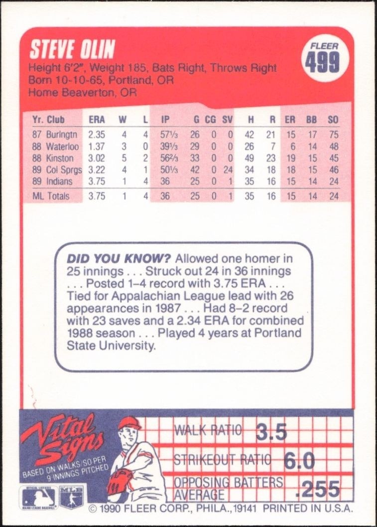 1990 Fleer Steve Olin #499 baseball trading card back