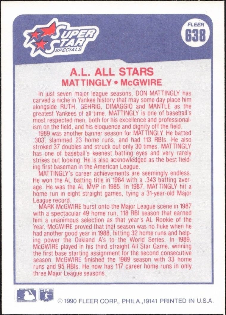 1990 Fleer Don Mattingly #638 baseball trading card back