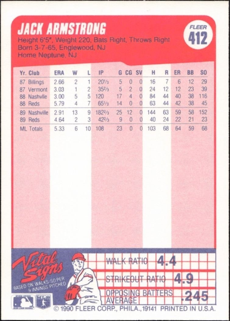 1990 Fleer Jack Armstrong #412 baseball trading card back