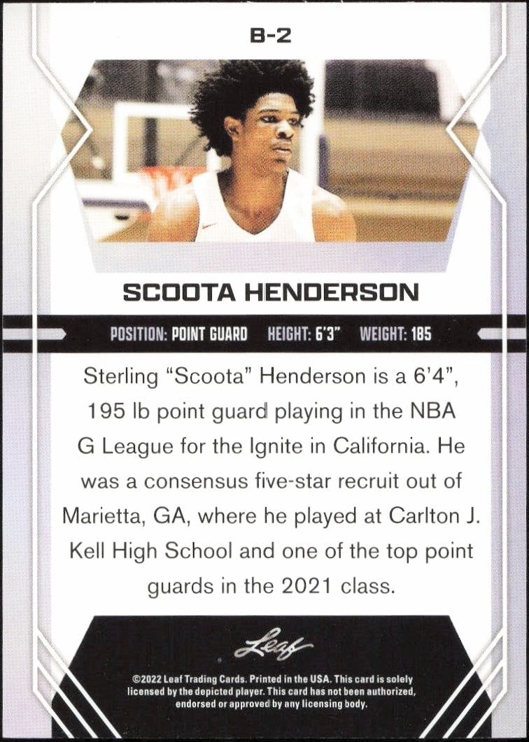 2022-23 Leaf Draft Scoot Henderson #B-2 basketball trading card back