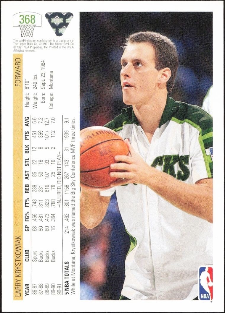 1991-92 Upper Deck Larry Krystkowiak #368 basketball trading card back