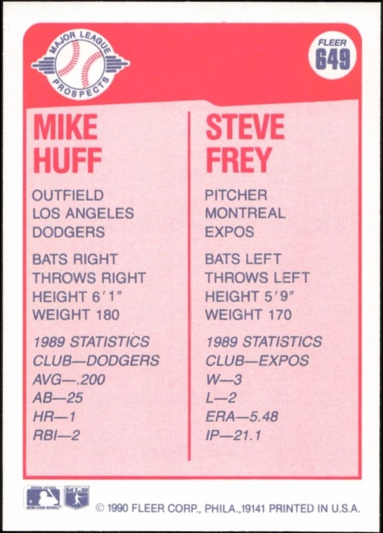1990 Fleer Mike Huff #649 baseball trading card back