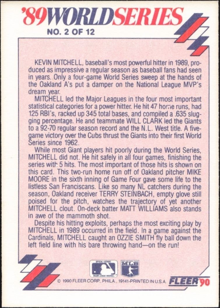 1990 Fleer Kevin Mitchell #2 baseball trading card back