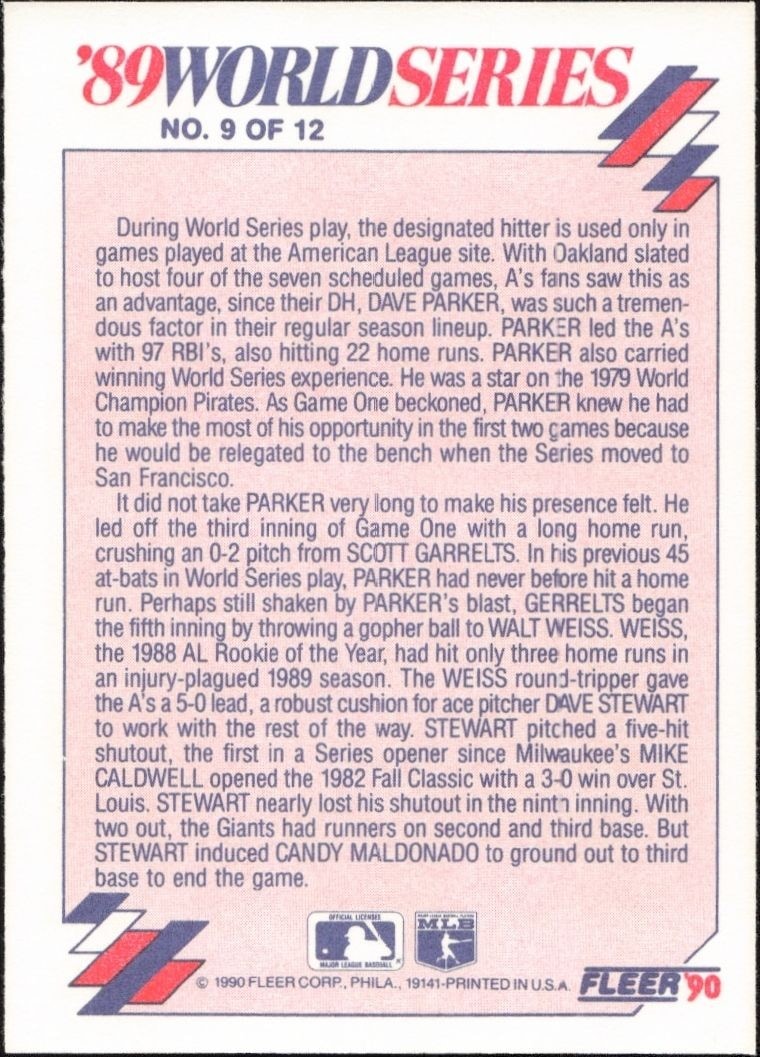 1990 Fleer Parker's Bat Produces Power #9 baseball trading card back