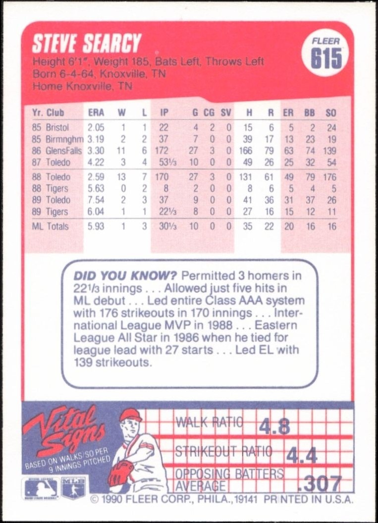 1990 Fleer Steve Searcy #615 baseball trading card back