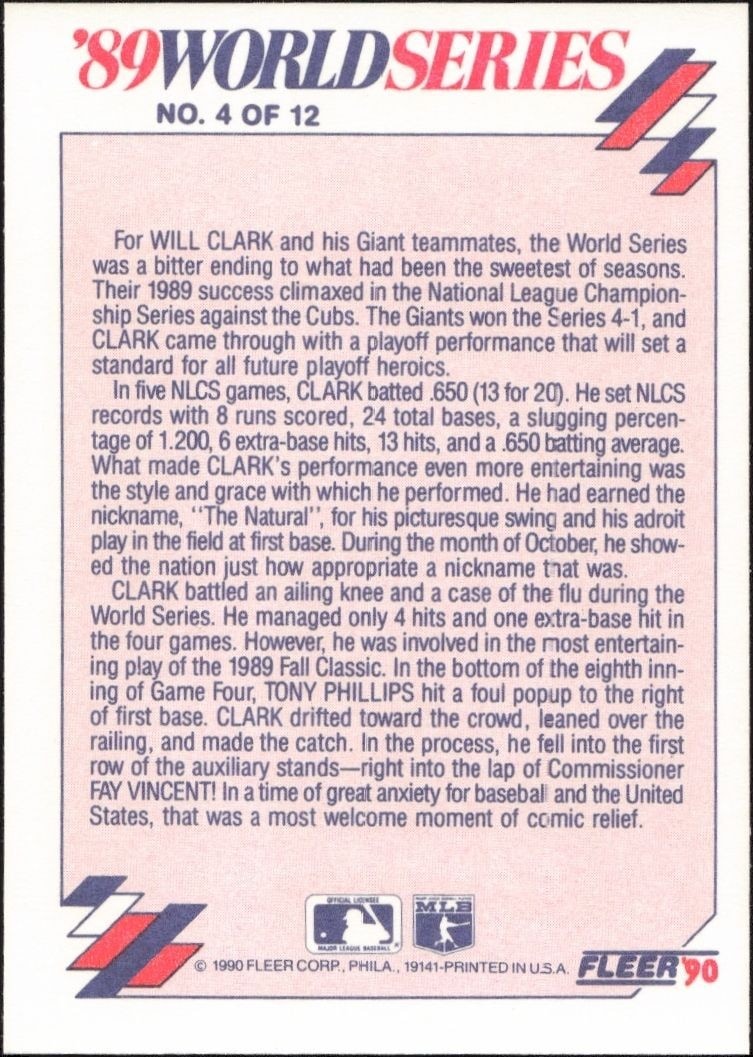 1990 Fleer Clark Powers The Giants Into The Series #4 baseball trading card back