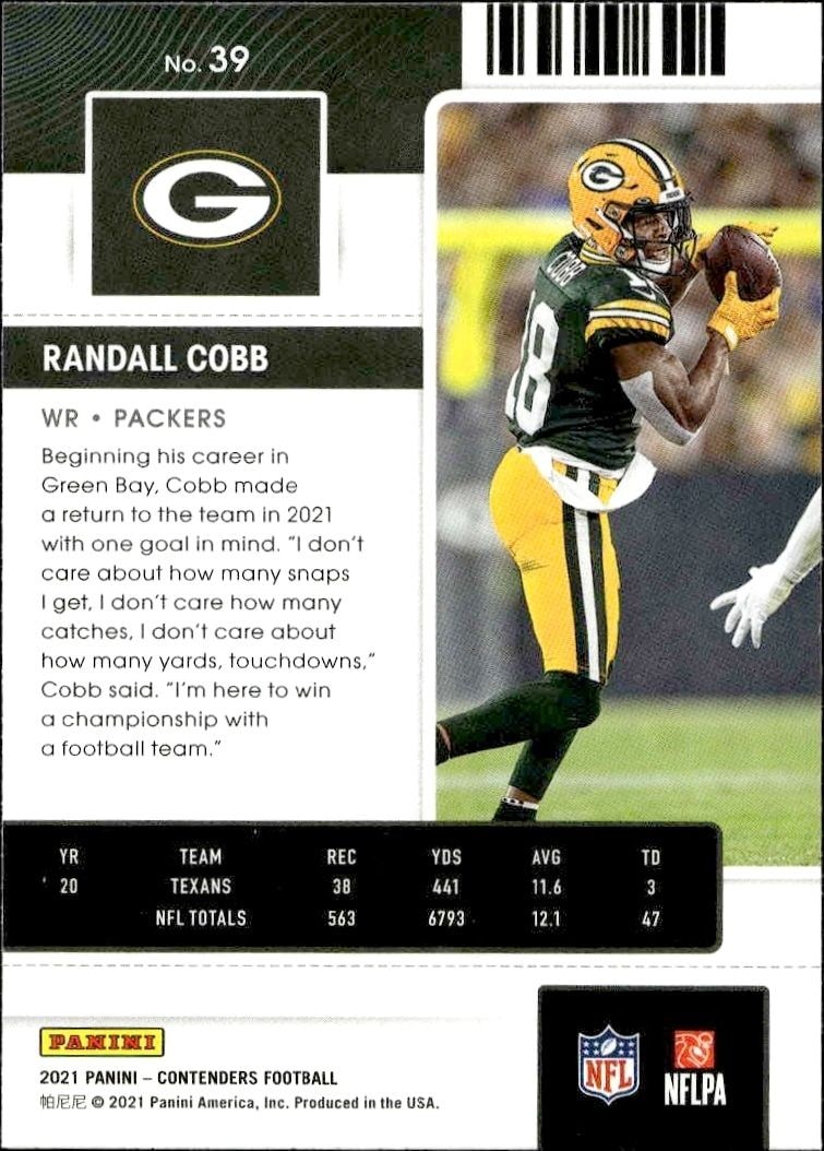 2021 Panini Contenders Randall Cobb #39 baseball trading card back