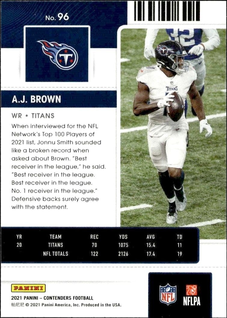 2021 Panini Contenders A.J. Brown #96 baseball trading card back