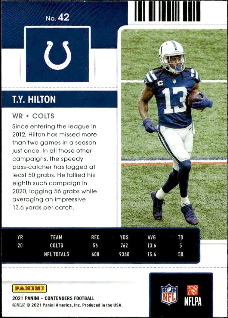 2021 Panini Contenders T.Y. Hilton #42 baseball trading card back