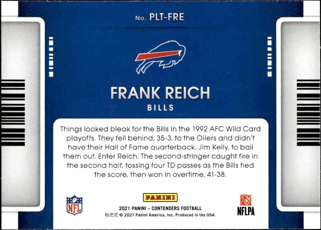 2021 Panini Contenders Frank Reich #PLT-FRE football trading card back