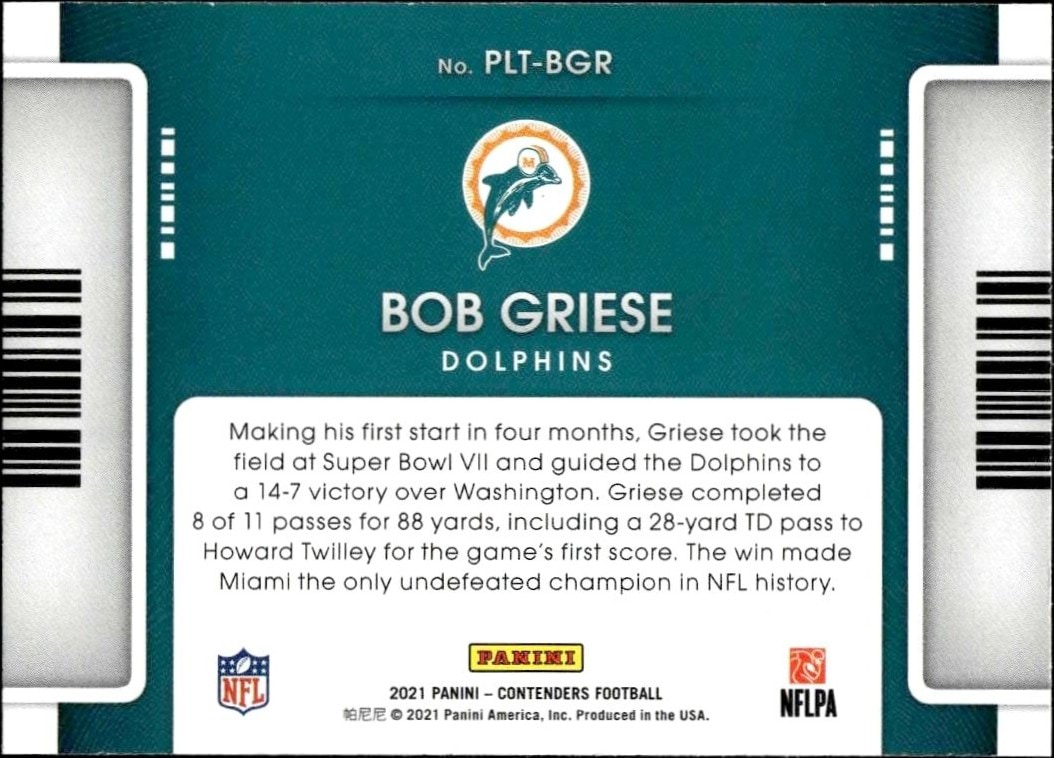2021 Panini Contenders Bob Griese #PLT-BGR football trading card back