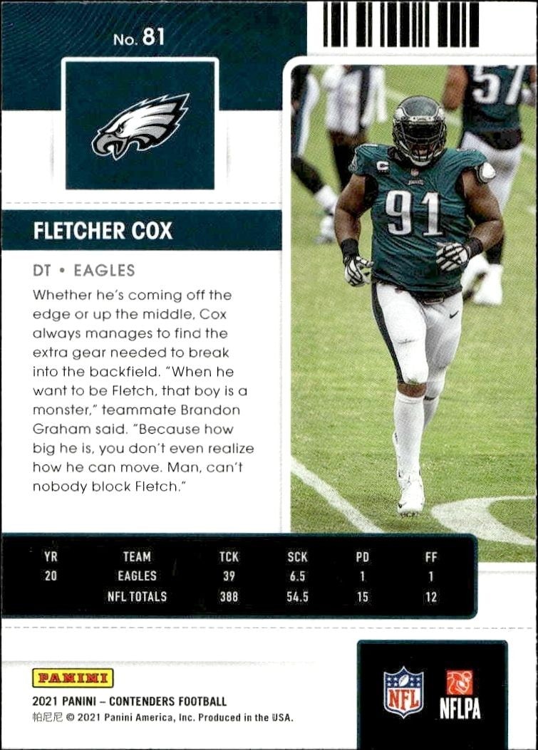2021 Panini Contenders Fletcher Cox #81 football trading card back