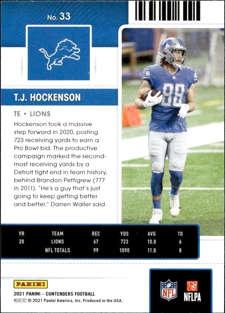2021 Panini Contenders T.J. Hockenson #33 football trading card back