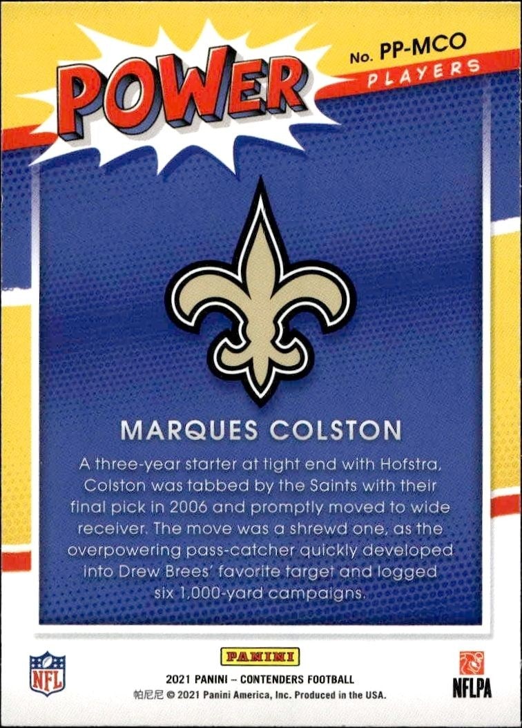 2021 Panini Contenders Marques Colston #PP-MCO football trading card back