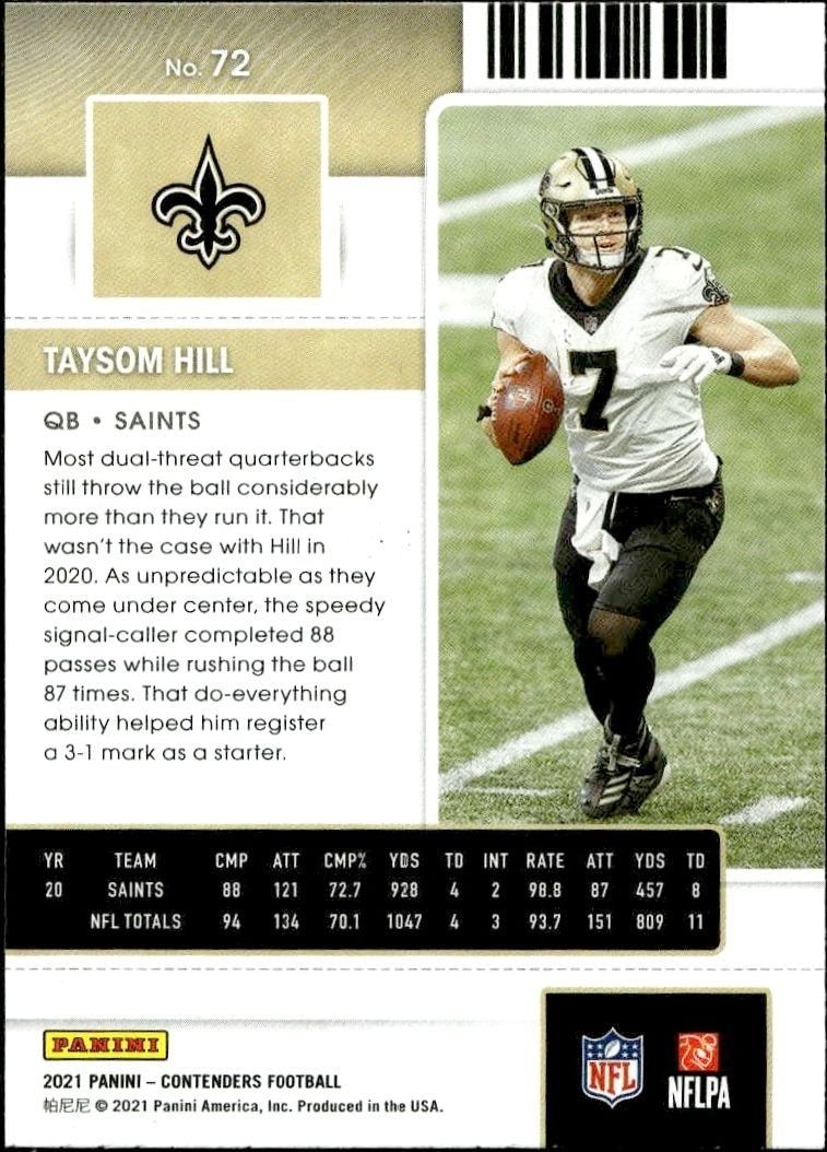 2021 Panini Contenders Tysom Hill #72 football trading card back