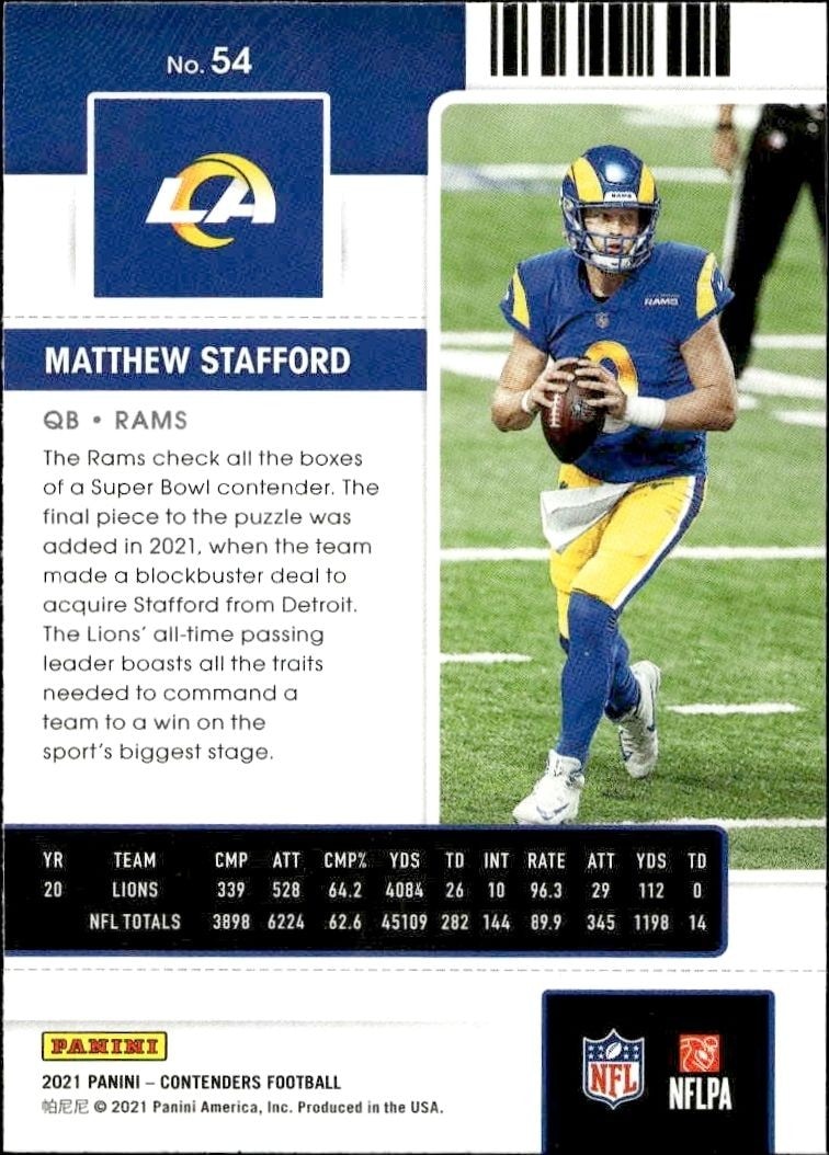 2021 Panini Contenders Matthew Stafford #54 football trading card back