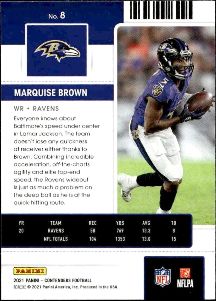 2021 Panini Contenders Marquise Brown #8 football trading card back