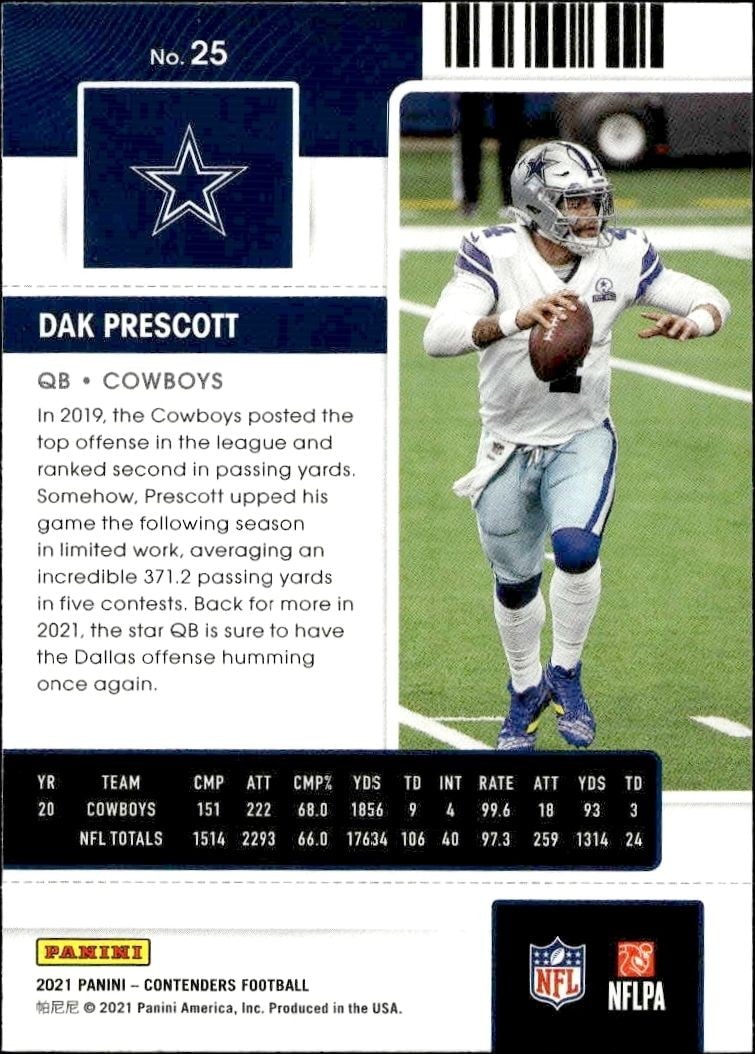 2021 Panini Contenders Dak Prescott #25 football trading card back