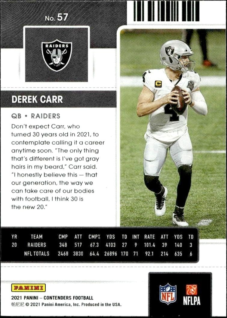 2021 Panini Contenders Derek Carr #57 football trading card back